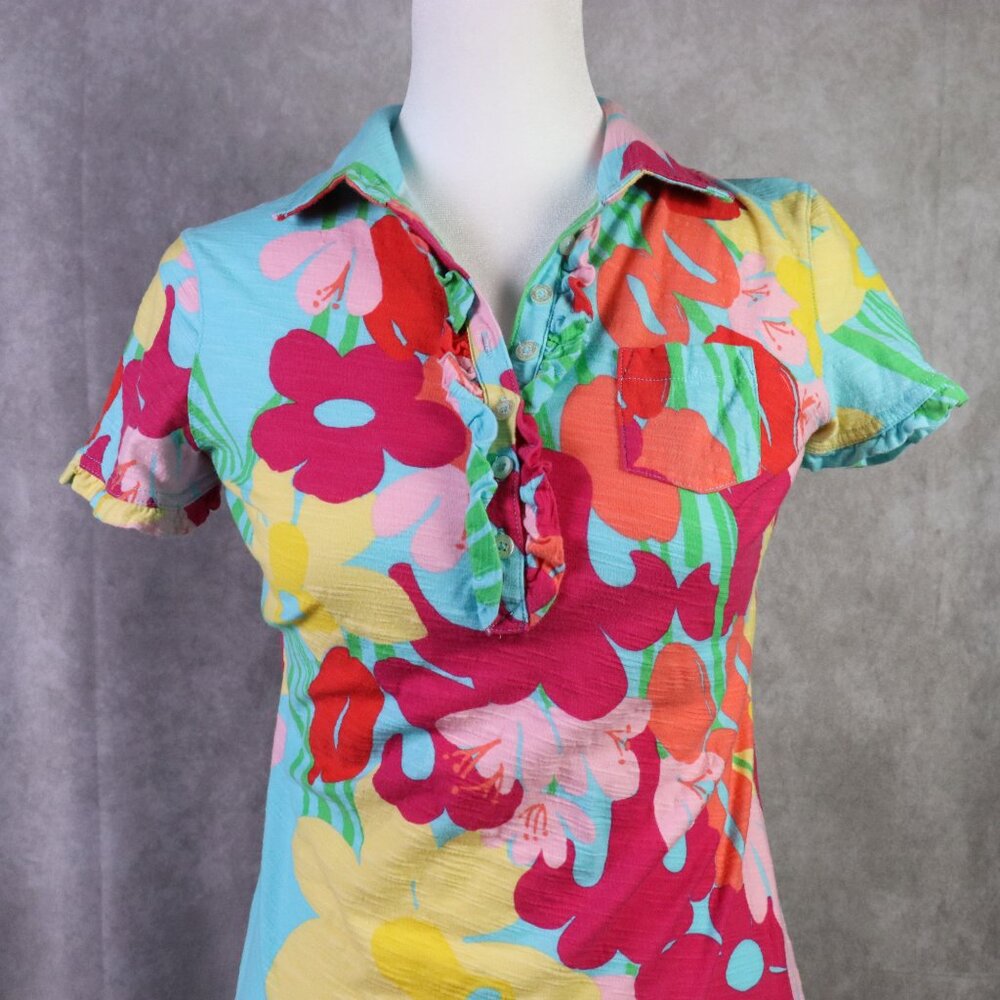 Lilly Pulitzer Carolyn T Shirt Dress Womens XS Multicolor Floral Ruffle Neck - Picture 2 of 9